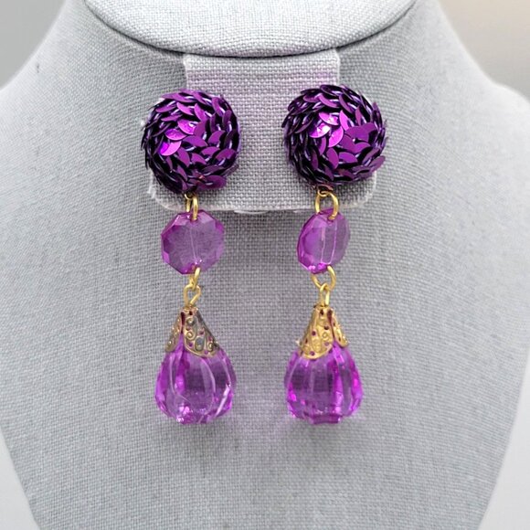 Purple Sequin Teardrop Bead Post Dangle Earrings Gold Tone Length 3 in - Picture 2 of 8